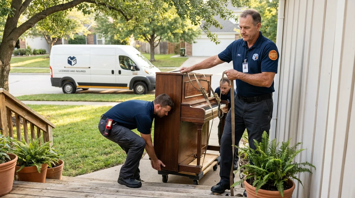 Licensed piano movers securing grand piano in National City, CA