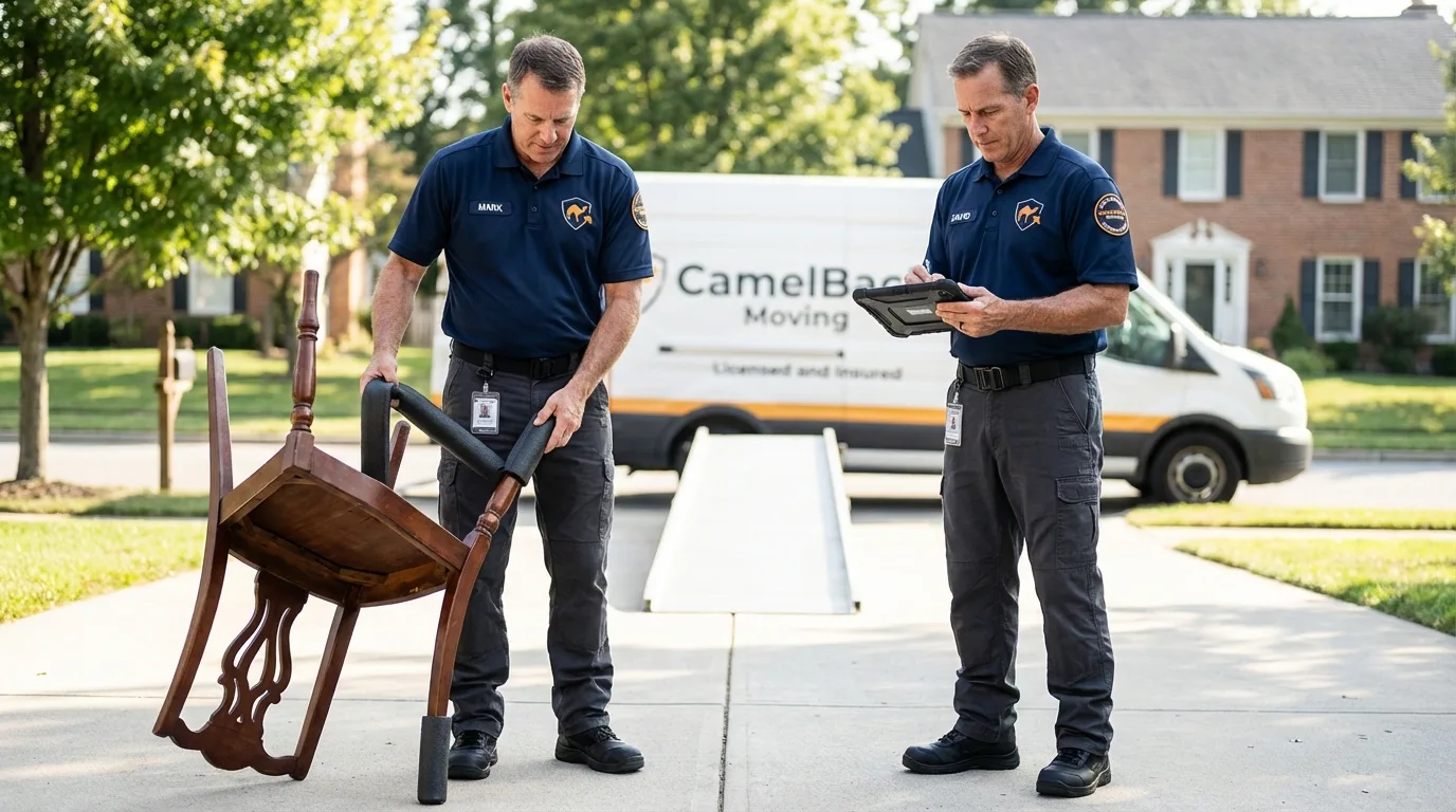 Movers inspecting furniture for damage prevention before loading in National City, CA