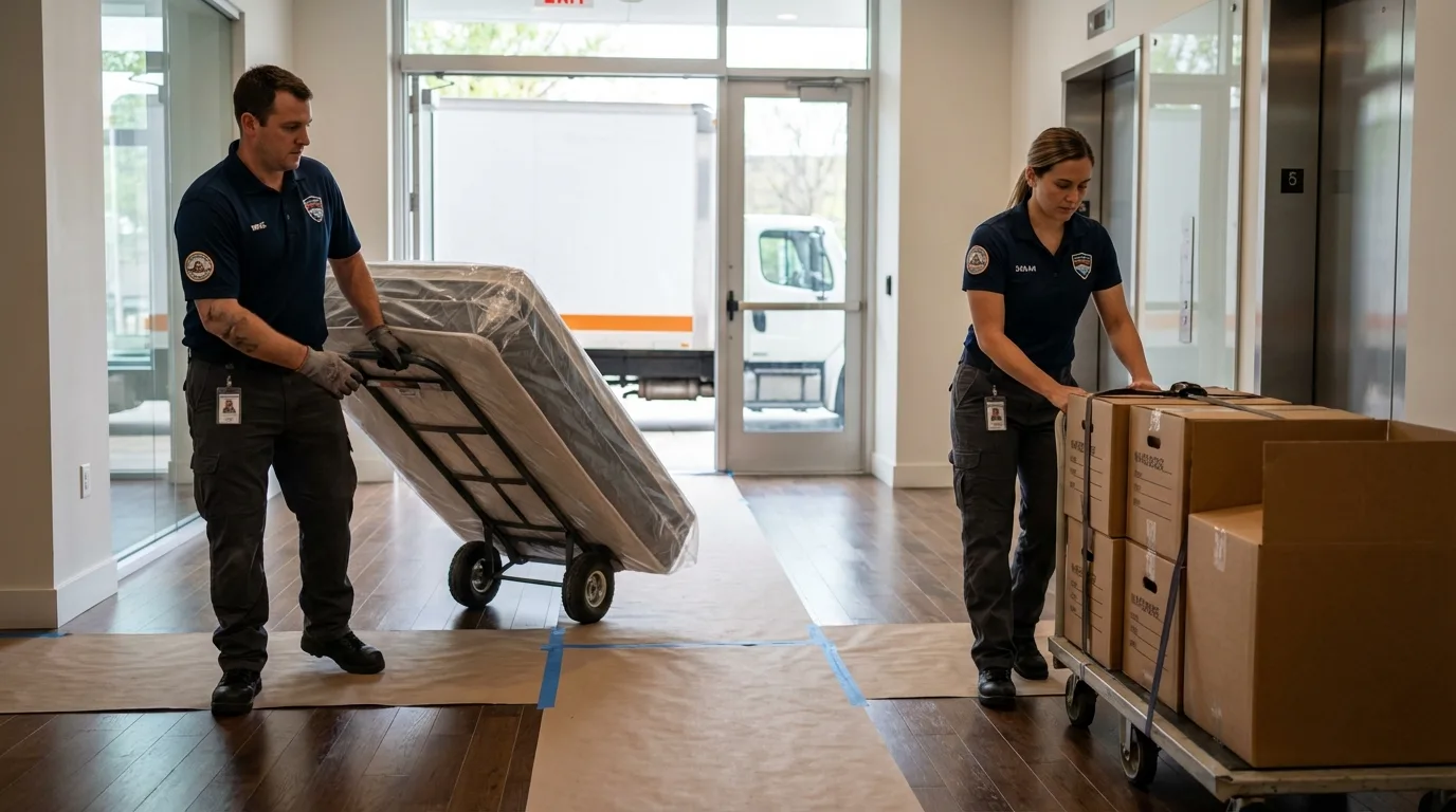 Professional apartment movers loading elevator in National City, CA